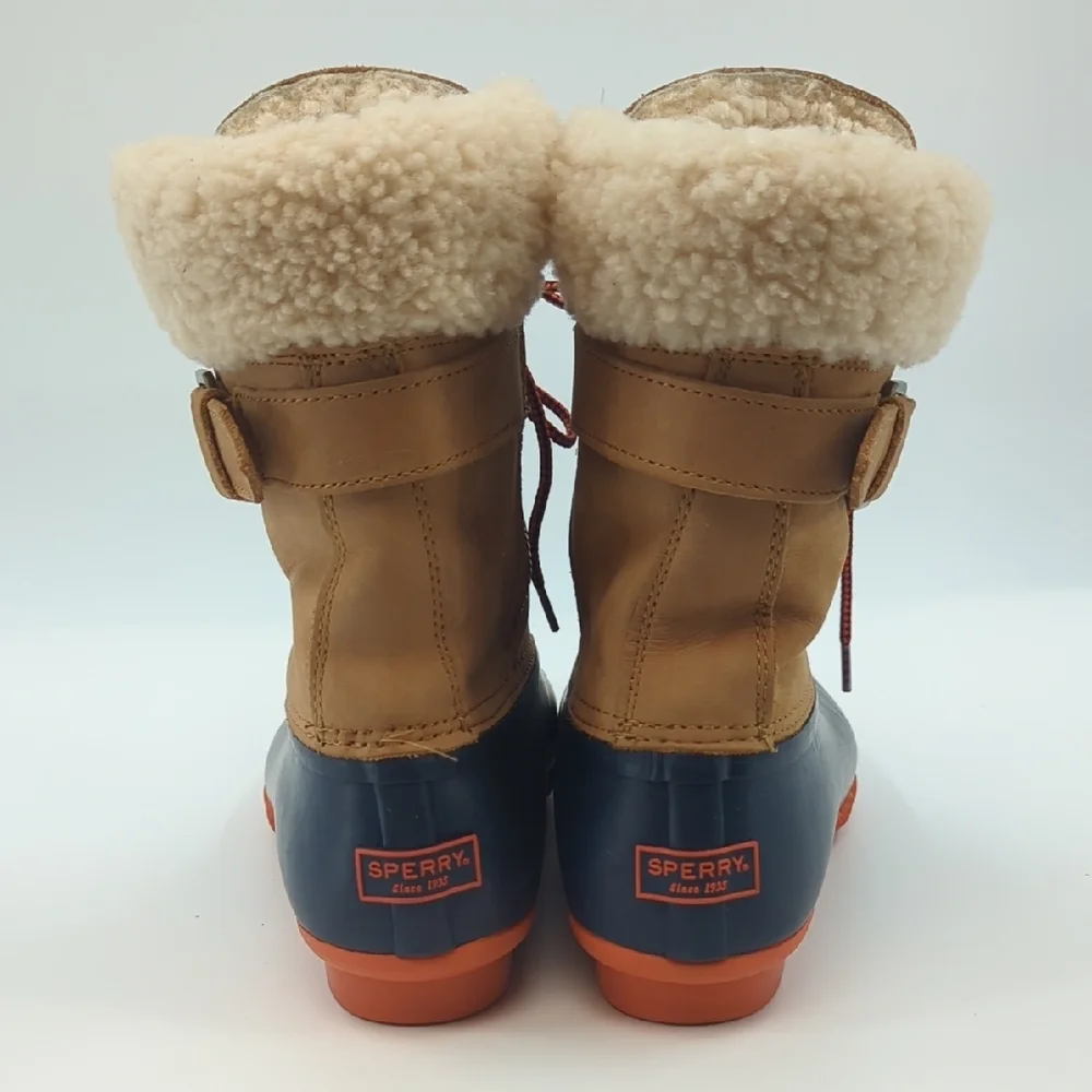 SPERRY Shearwater Winter Waterproof Wool Leather Duck Boots Sz 7.5 Tan/Navy